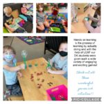 A collage of pictures of children learning using hands-on tactics.