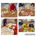 A collage of children learning to read using colorful materials.
