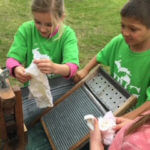 Group of young students wearing green shirts manually washing rags.